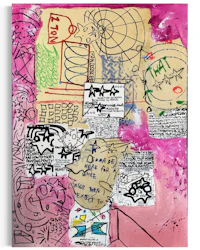 a pink painting with a lot of graffiti on it
