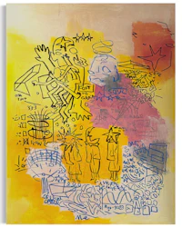 a painting of a group of people on a yellow background